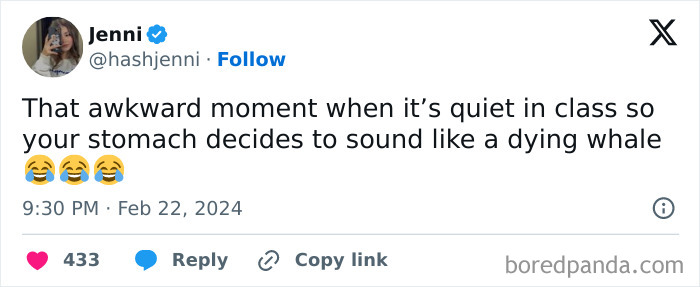 Tweet about awkward life moment when a stomach growls loudly in a quiet class, shared by user Jenni with laughing emojis.