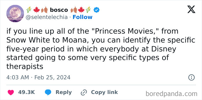 Tweet humorously explaining Disney princess movies' evolution; a meme explanation highlighting a five-year period.