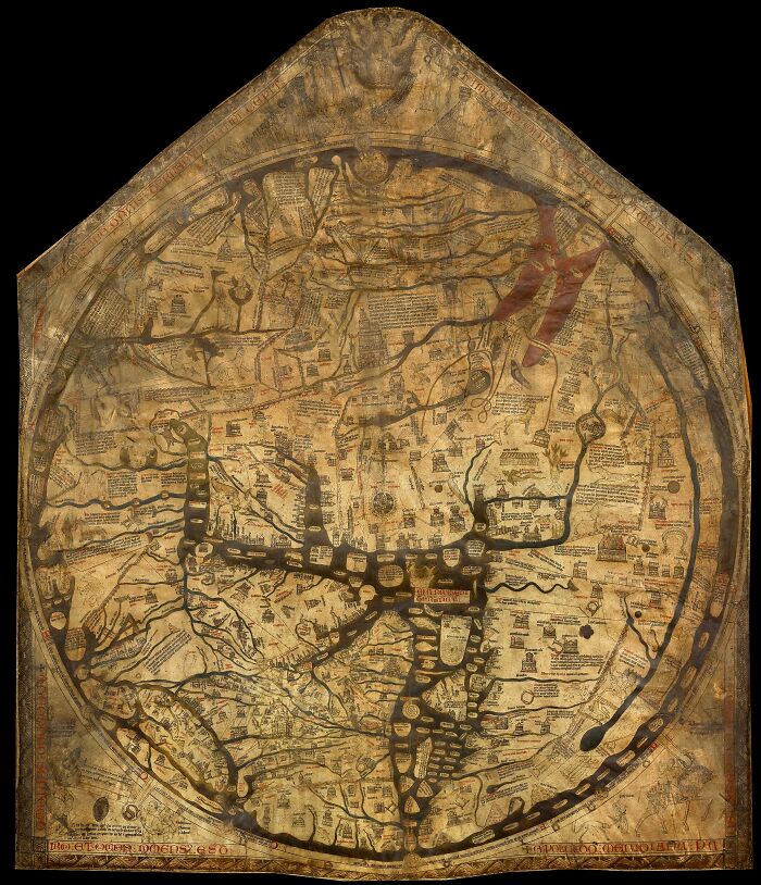 Ancient historical map displaying medieval world geography with detailed illustrations and markings.