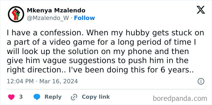 Wholesome post: A person secretly helps their spouse with video game hints for six years.