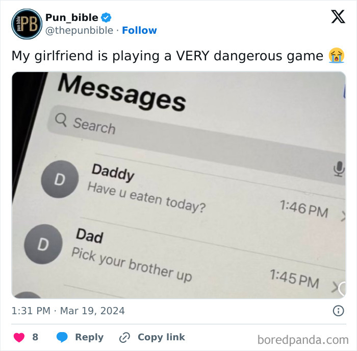 Funny memes screenshot of text messages from "Daddy" and "Dad" causing confusion.