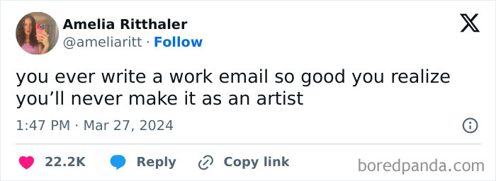 Tweet about writing a work email so well it discourages artistic aspirations.