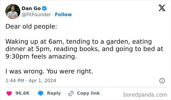 Tweet humorously addressing adulthood struggles with a routine: waking early, gardening, dining, reading, and early bedtime.