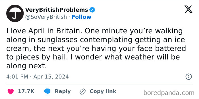 Tweet describes typical British weather problems with humor: from sunny to hail.