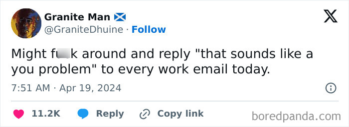 Humorous tweet about replying sarcastically to work emails.