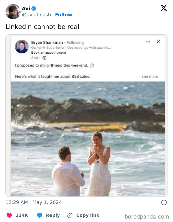 Man proposing on beach with a humorous LinkedIn post overlay, showcasing work-related humor.
