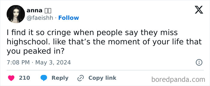 A tweet about awkward life moments questioning nostalgia for high school.