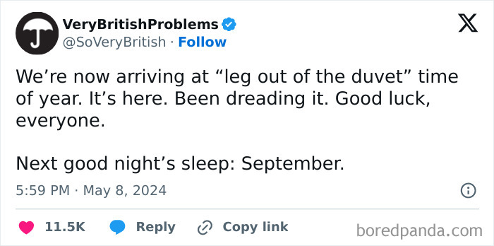 Tweet about a British problem: the "leg out of the duvet" season, humorously dreading summer nights.