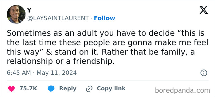 Wholesome note about setting boundaries in adult relationships, shared in a tweet by a user.