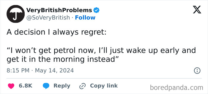 Tweet about a very British problem with procrastinating on getting petrol till morning.
