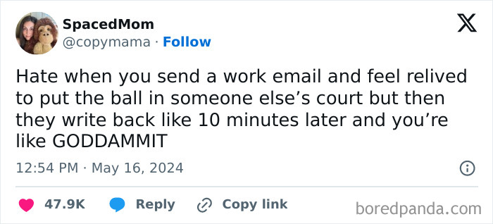 Twitter post about work email jokes, expressing frustration when a quick response comes back unexpectedly.