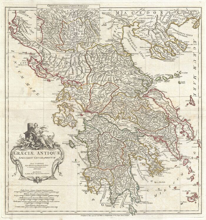 Ancient exploration map of Greece showcasing old navigational routes.