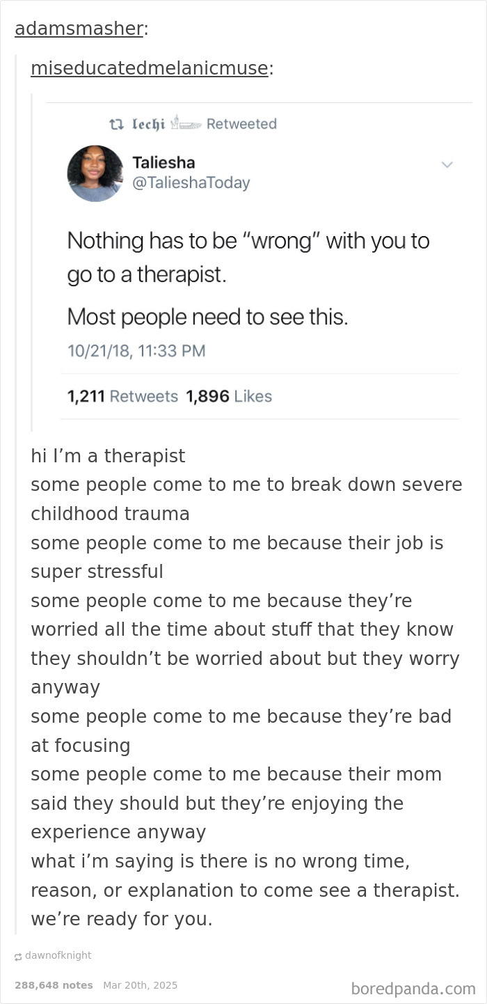 Tweet about therapy, stating nothing needs to be wrong to seek help, with supportive comment from therapist. Wholesome online interaction.