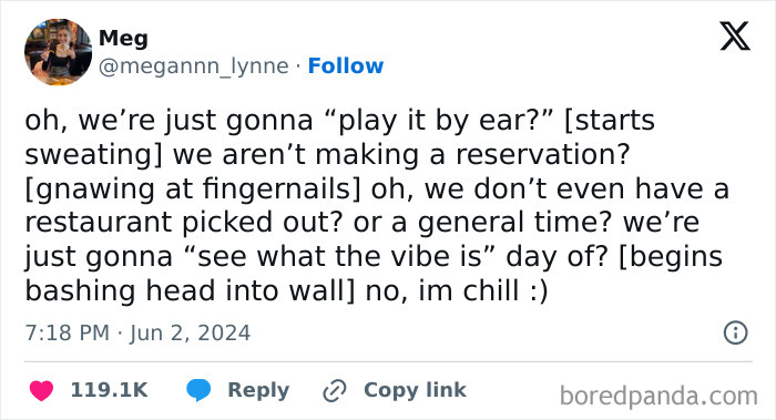 Text from a funny tweet expressing anxiety over not making plans or reservations.