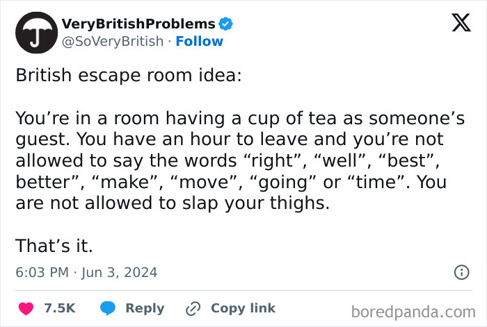 Text tweet humorously describes British escape room problem with tea and word restrictions.