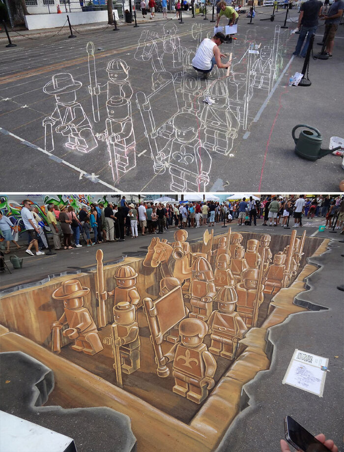 3D street art of LEGO figures in a excavation scene, transforming chalk outlines into a realistic masterpiece.