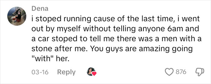 Comment highlighting a mom following her daughter on 5k runs, praising their approach for safety and sparking discussion.