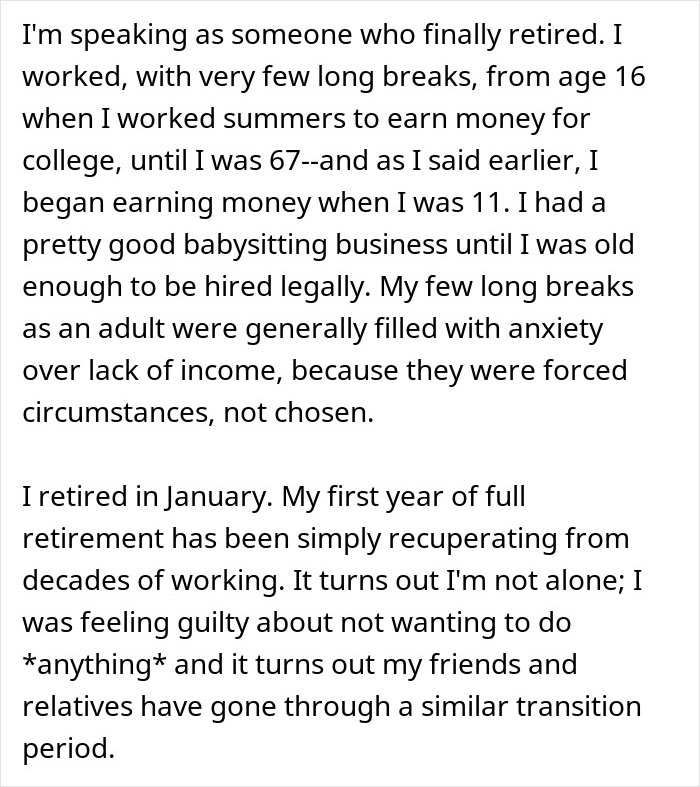 Text discussing retirement and working life, highlighting babysitting as a job from age 11.
