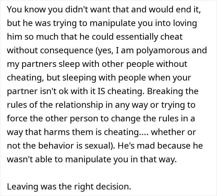 Text conversation about an open relationship, manipulation, and cheating dynamics in a partnership.
