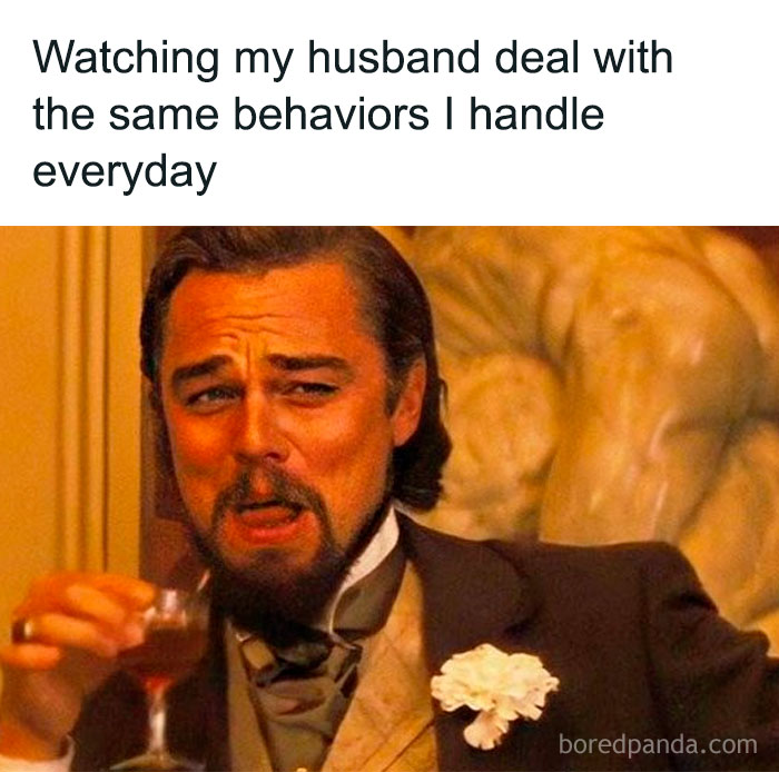 Man in period costume holding a drink with a humorous expression, text implies parenting struggles seen by a mom.