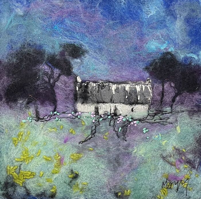 Fiber artwork by Moy Mackay depicting a scenic landscape with abstract colors and textures in place of traditional paint.