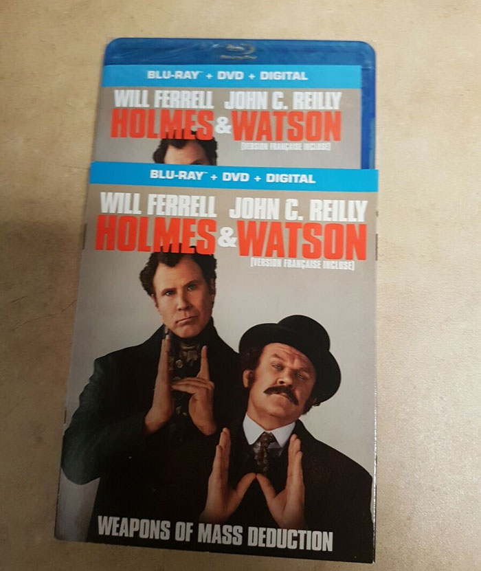 Holmes & Watson Blu-ray cover used as a place to hide things at home.