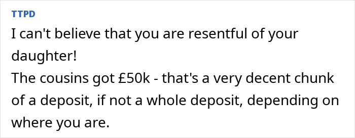 Text about a family's resentment and inheritance, mentioning a &pound;50k deposit.