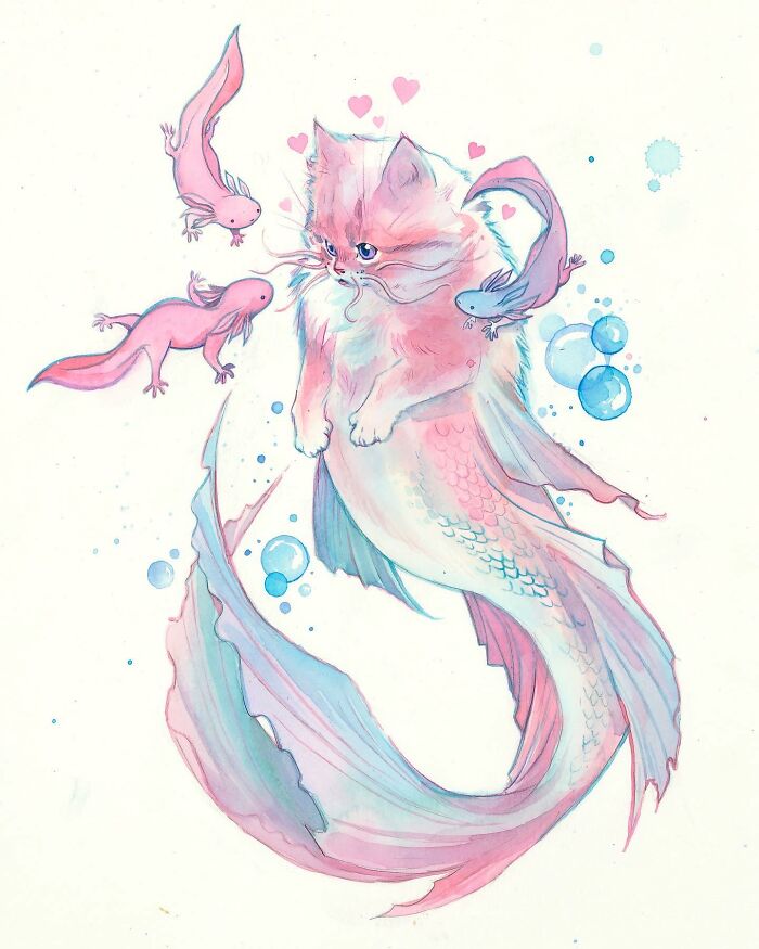 Dream-like painting of a mermaid cat with pink axolotls and bubbles floating around.