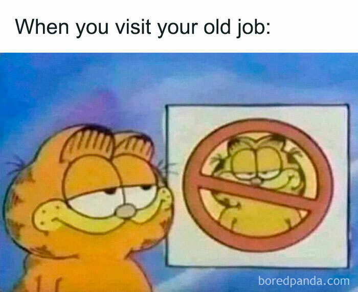 Garfield smirking at a "no Garfield" sign, symbolizing the relatable work dungeon experience.