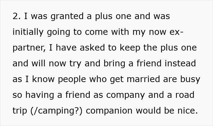 Text discussing plus one change to bring a friend to a wedding. Text discussing plus one change to bring a friend to a wedding.