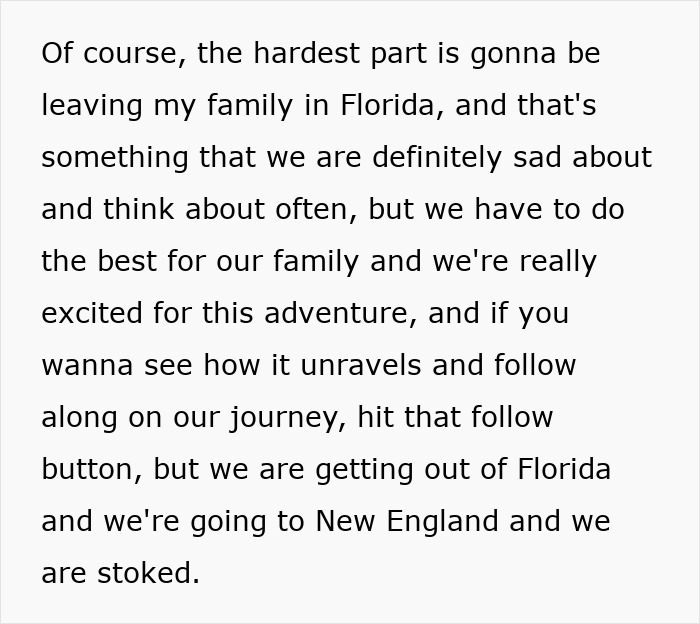 Text from a mom explaining her family's move from Florida to a blue state, New England.