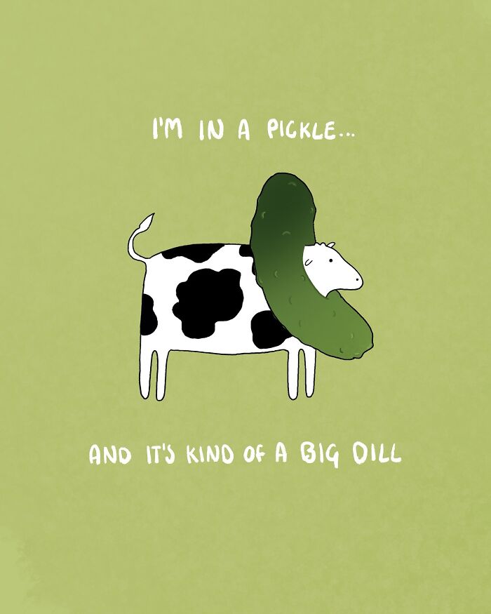 Cartoon cow in a funny situation with a large pickle, showcasing humorous cow content.