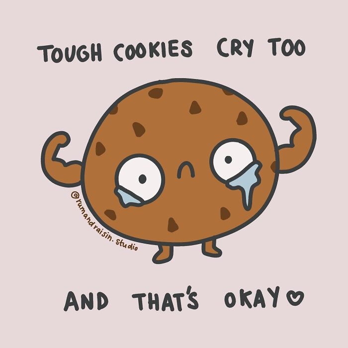 Cartoon cookie crying, illustrating relatable experiences with anxiety.