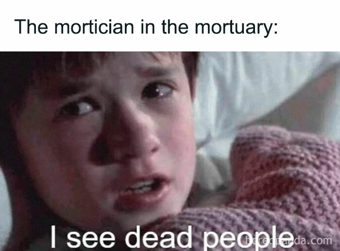 Young boy meme with the text "The mortician in the mortuary: I see dead people," conveying a literal meme.