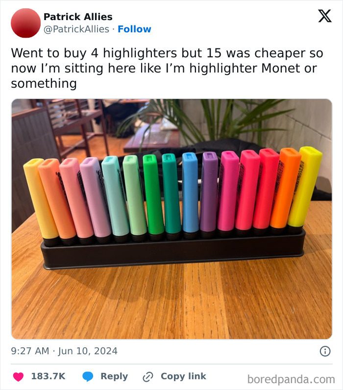 A tweet with colorful highlighters arranged, humorously comparing them to art by Monet.