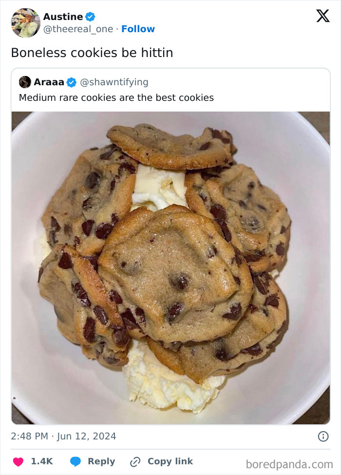 Chocolate chip cookies served on a plate in a humorous food meme.