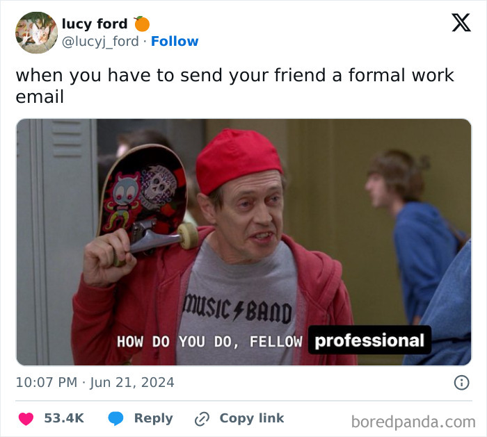 Man in red cap with skateboard humorously posing as a professional, referencing work tweet.