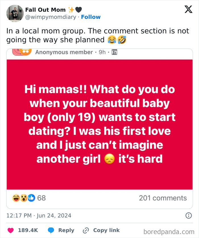 "Funny post in mom group about a 19-year-old son wanting to date, leaving readers confused and amused."