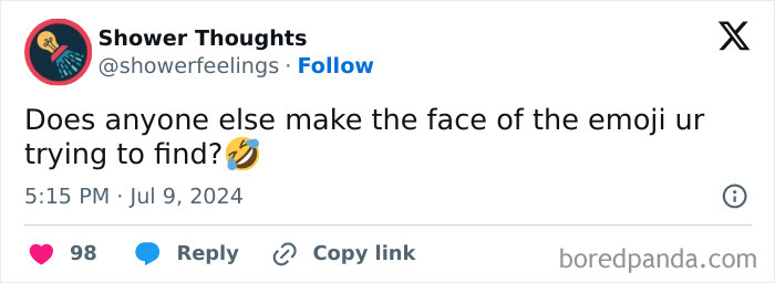 Tweet about awkward life moments with laughing emoji, posted by Shower Thoughts.