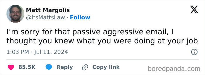 Tweet screenshot about work-email-jokes with a passive-aggressive message apologizing for an assumption about job competence.