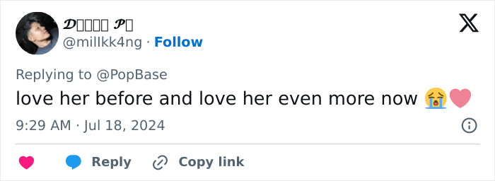 Tweet praising Barbie Ferreira, mentioning love for her before and after weight loss.