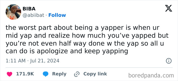 Humorous meme about over-talking, shared by an Instagram page.