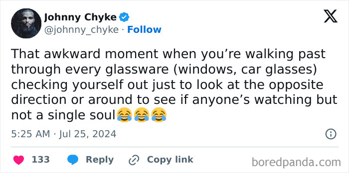 Awkward life moment tweet about checking reflections in glassware for onlookers but finding no one.