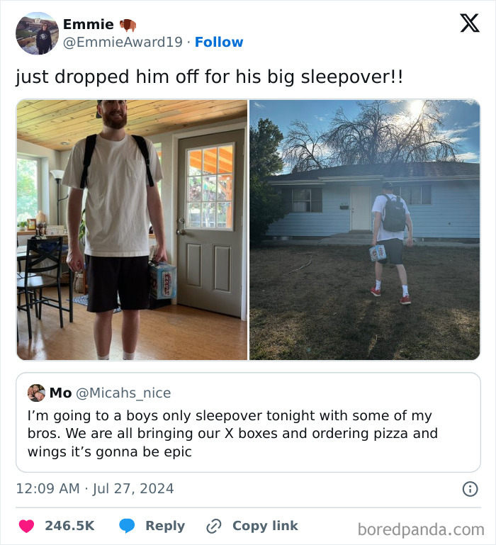 Man humorously prepared for sleepover with backpack and beverage case.