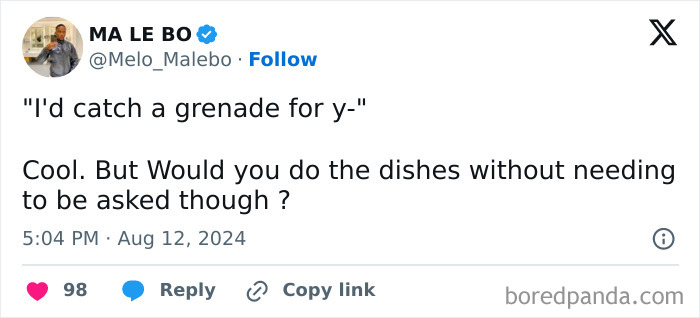 Tweet humorously addressing sexism by contrasting grand gestures with daily chores.