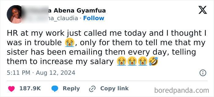 Social media post displaying a humorous work email joke about a sister emailing HR to increase the user's salary.