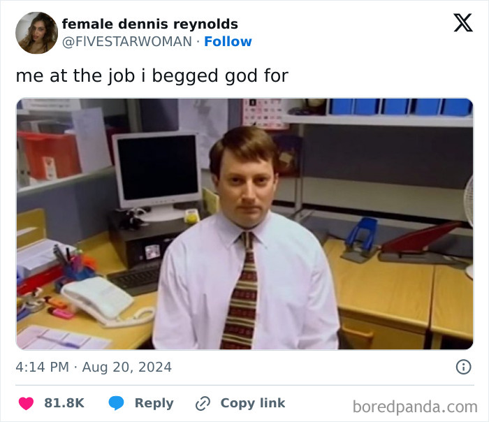 Man at a desk in an office, wearing a tie, reflecting work humor in a funny tweet context.