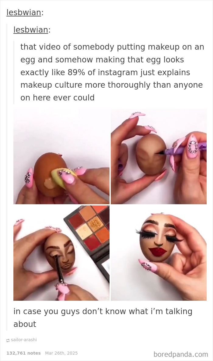 Egg with full makeup transformation, highlighting hilarious creativity in memes.