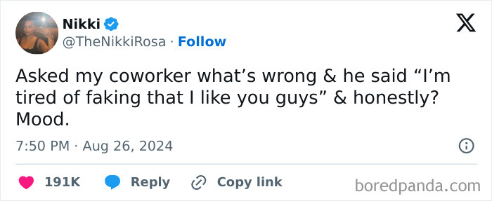 Tweet about coworker frustration, highlighting work humor.