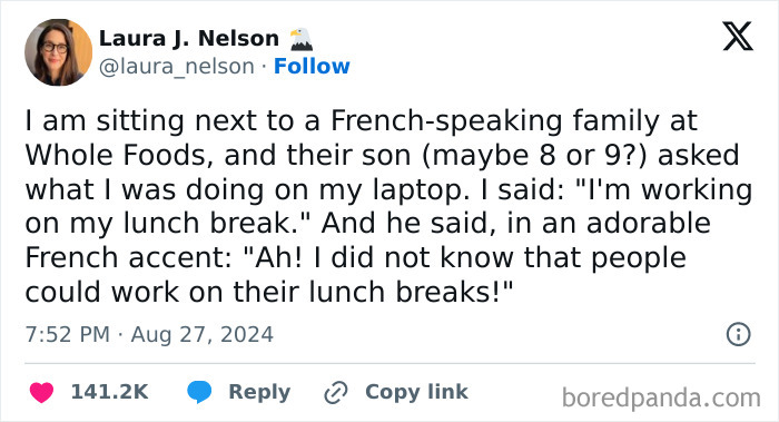 Tweet about a funny interaction at Whole Foods during a lunch break, featuring a French-speaking child's comment.
